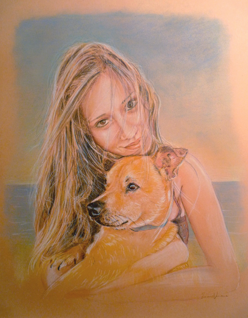 ragazza con cagnolino ritratto a matita pastello disegno